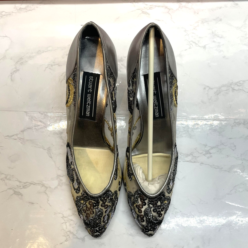 Vintage Stuart Weitzman Shoes Womens Size 9.5 Silver Floral Sequin Pump Heels - Picture 4 of 13